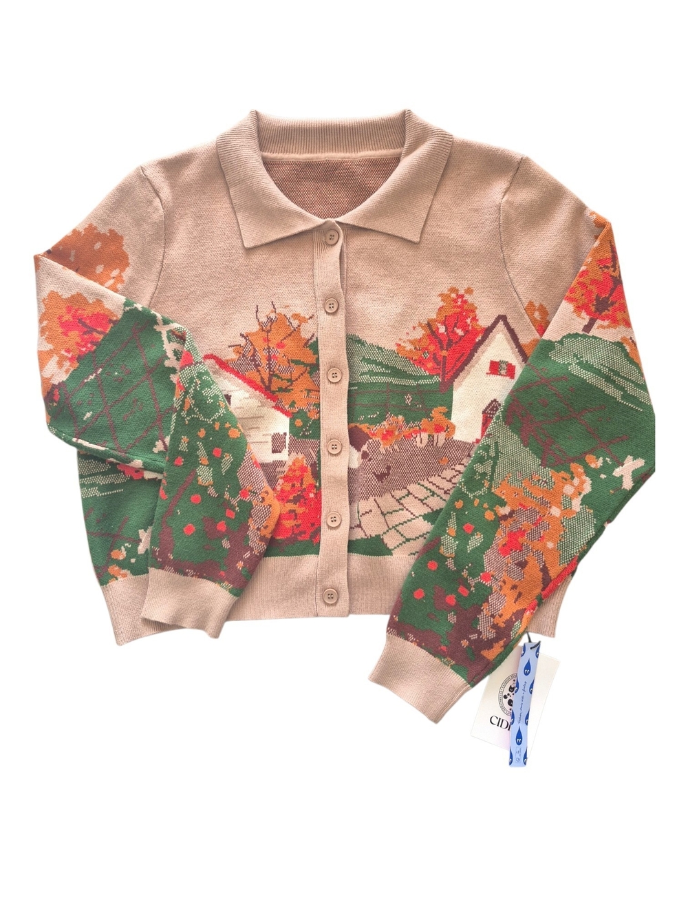 NWT Autumn Cottage Landscape Collared Cardigan Scenic Novelty Sweater Lagonlook